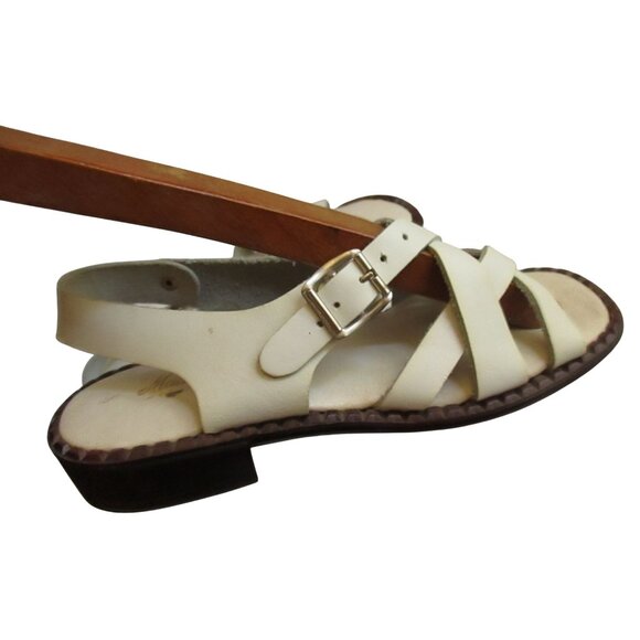 sz 5 Vintage Womens Italian White Leather Strappy Sandals With Buckle & Low Heel - Picture 3 of 13